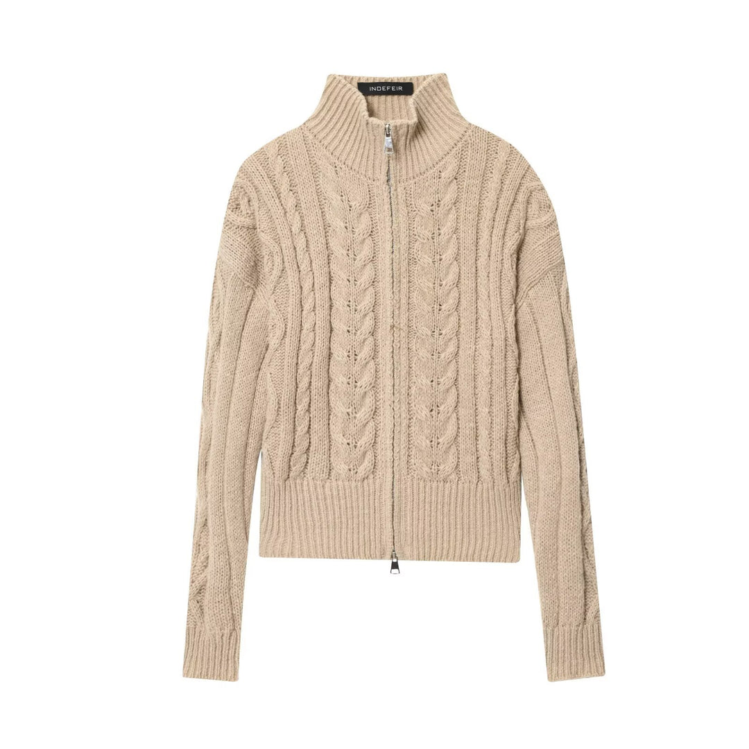 Damen Grobgestrickte Zopfstrick-Cardigan mit Stehkragen und Reißverschluss Nord Taschen