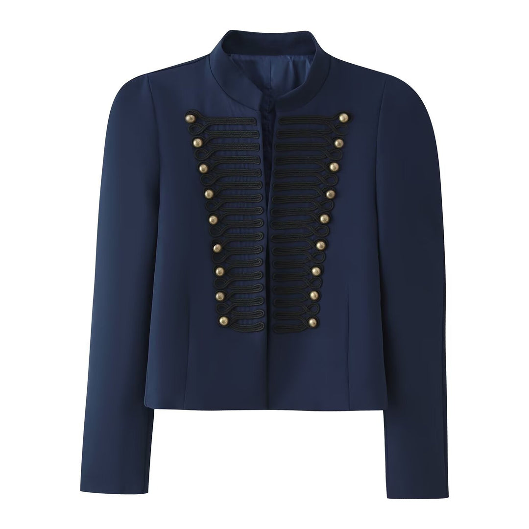 Damen Cropped‑Blazer im Militärstil mit Stehkragen und Zierkordierungen Nord Taschen
