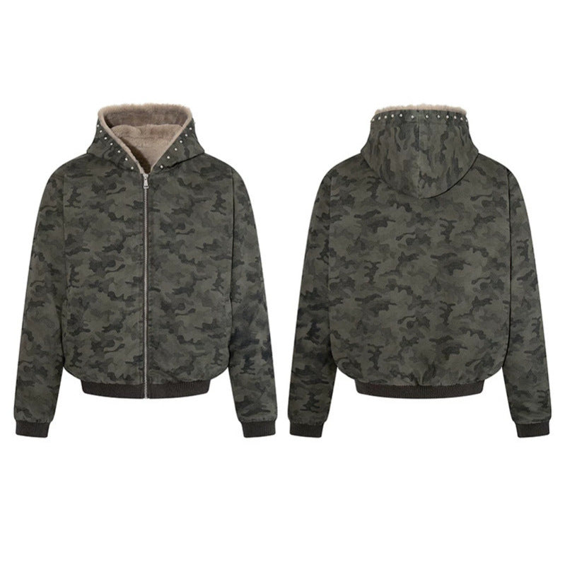 Damen gefütterte Camouflage-Bomberjacke mit Teddy-Innenfutter, Kapuze und Rippbündchen Nord Taschen