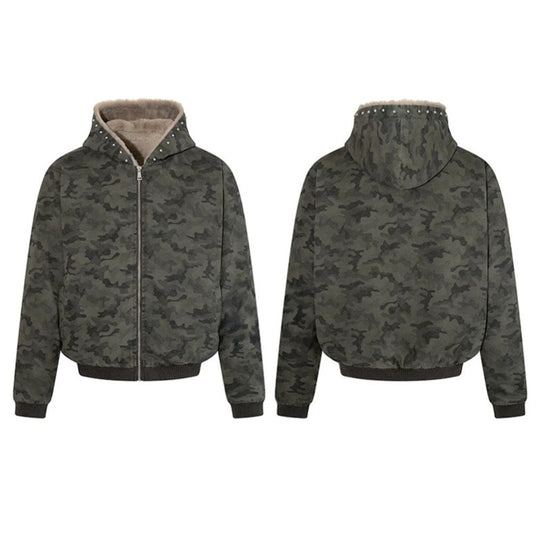 Damen gefütterte Camouflage-Bomberjacke mit Teddy-Innenfutter, Kapuze und Rippbündchen Nord Taschen