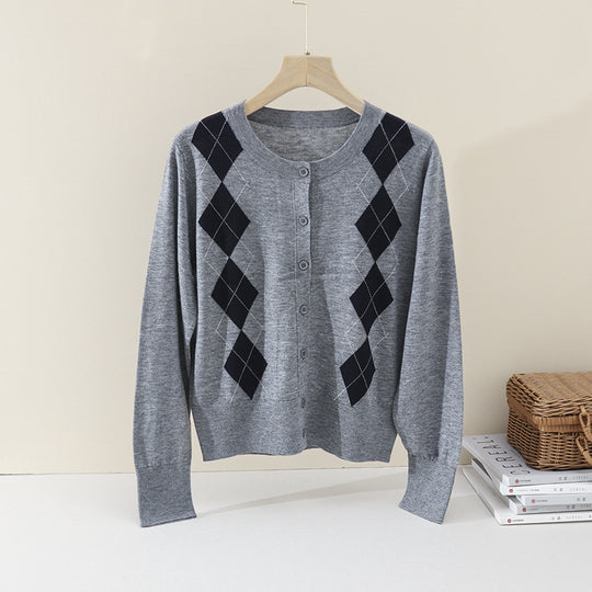 Damen Feinstrick-Cardigan mit Rautenintarsien und Knopfleiste Nord Taschen