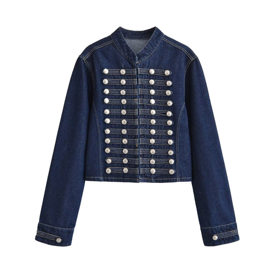 Damen Jeansjacke im Military‑Stil mit Stehkragen und dekorativen Reihen‑Druckknöpfen Nord Taschen