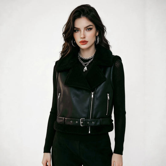 Damen Lederweste mit Teddyfutter und Taillengürtel Nord Taschen