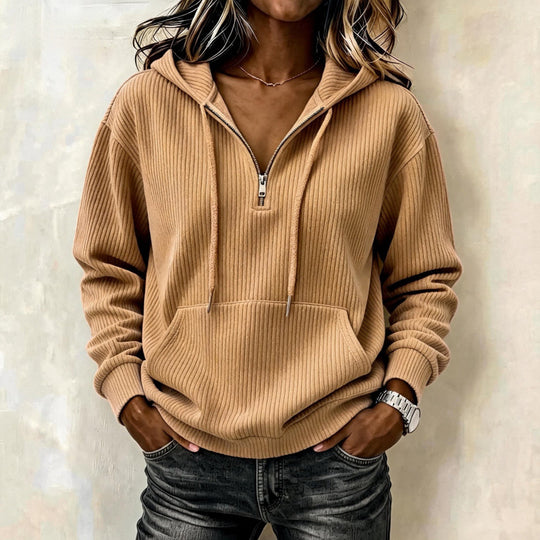 Damen Gerippter Halfzip-Kapuzenpullover mit Kängurutasche Nord Taschen