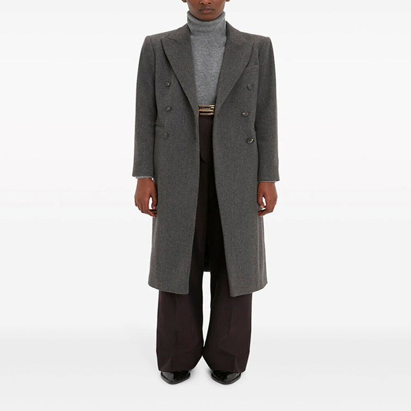 Damen Doppelreihiger Longcoat im Tailoring‑Look mit schmaler Silhouette und markanter Schulter Nord Taschen