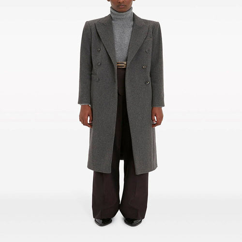 Damen Doppelreihiger Longcoat im Tailoring‑Look mit schmaler Silhouette und markanter Schulter Nord Taschen