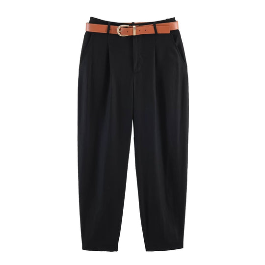 Damen hochwertige, ausgestellte Leinenhose mit modischem Gürtel