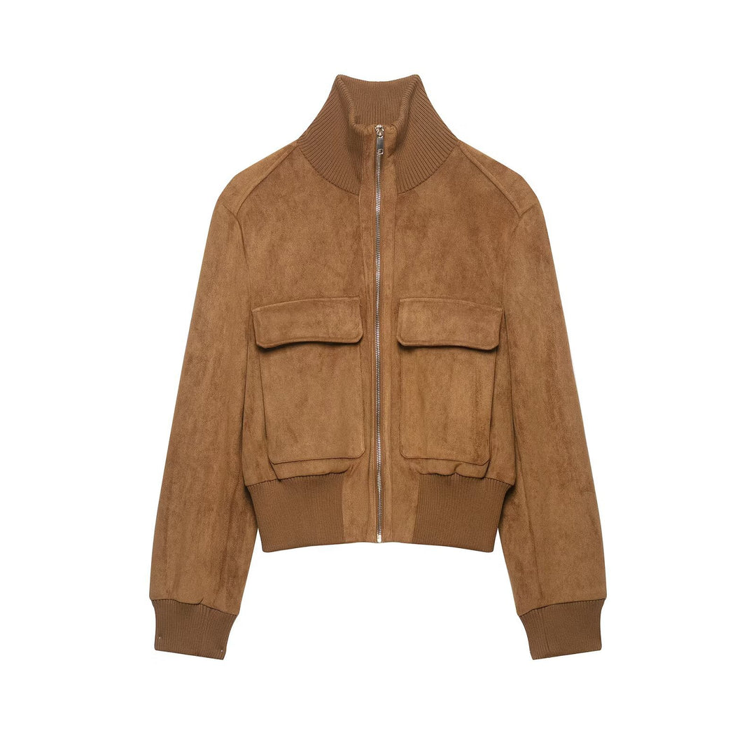 Damen kurzgeschnittene Wildleder-Bomberjacke mit hohem Rippkragen und Pattentaschen Nord Taschen