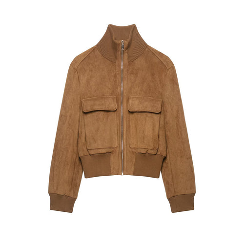 Damen kurzgeschnittene Wildleder-Bomberjacke mit hohem Rippkragen und Pattentaschen Nord Taschen