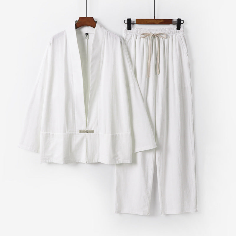 Herren Zen-inspiriertes Kimono-Loungewear-Set aus leichter Baumwollmischung mit offenem Schnitt und Kordelbundhose Nord Taschen