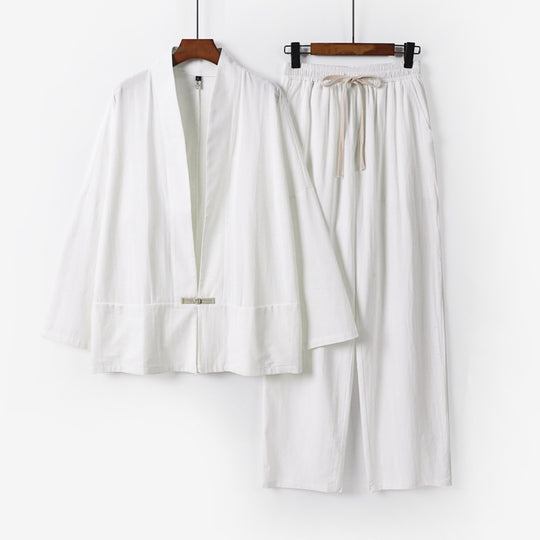 Herren Zen-inspiriertes Kimono-Loungewear-Set aus leichter Baumwollmischung mit offenem Schnitt und Kordelbundhose Nord Taschen