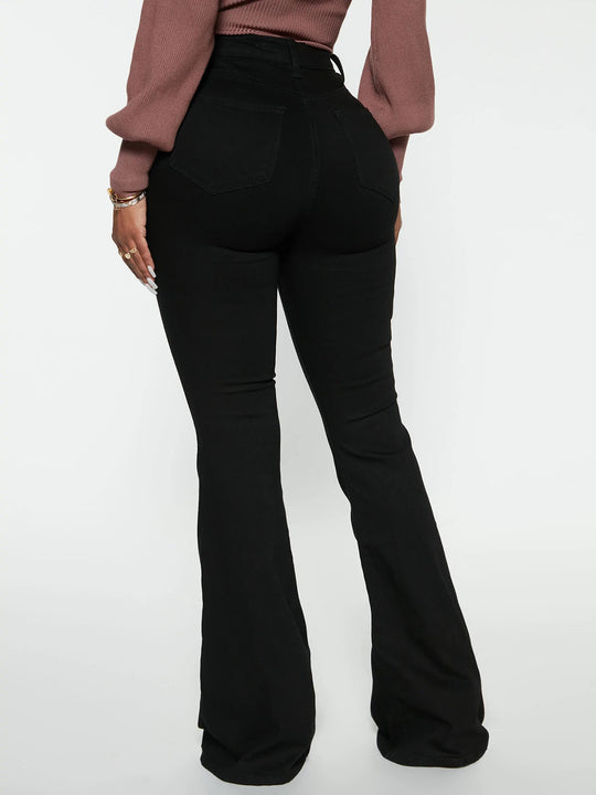 Damen High‑Waist Flared‑Jeans mit Knie‑Rissen und sculptendem Stretchbund Nord Taschen