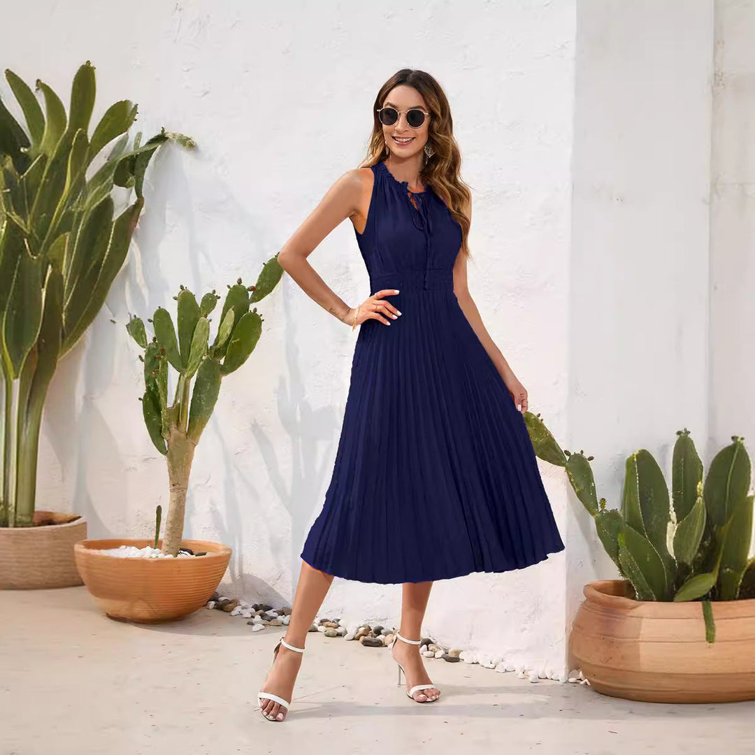 Damen Plissiertes Midikleid mit elegantem Schlitz und verstellbarem Kragen Nord Taschen