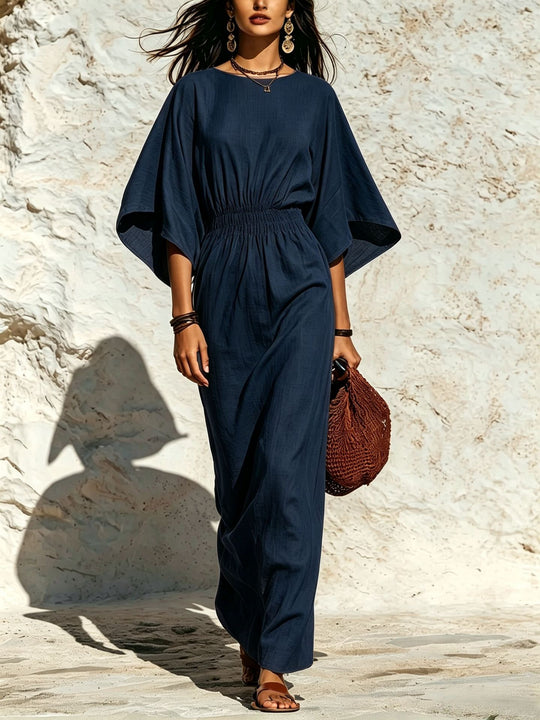 Damen Maxikleid mit Fledermausärmeln und geraffter Smock-Taillierung Nord Taschen