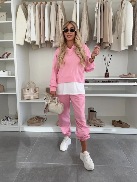 Damen Cropped-Hoodie-Lounge-Set mit asymmetrischem Saum, voluminösen Raglanärmeln und gekrempelter Jogginghose Nord Taschen