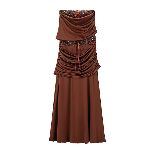 Damen Abendkleid mit schulterfreiem Drape‑Oberteil und Pailletten‑Einsatz Nord Taschen