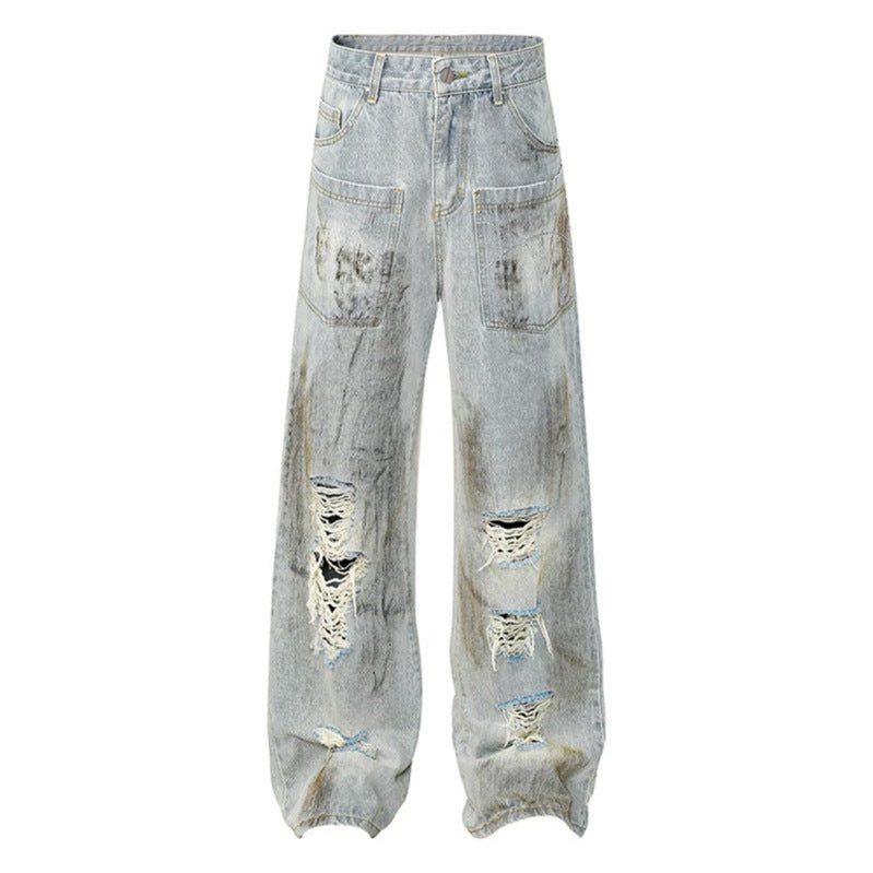 Damen Weite High‑Waist Destroyed Denim‑Palazzo‑Jeans mit aufgesetzten Taschen Nord Taschen