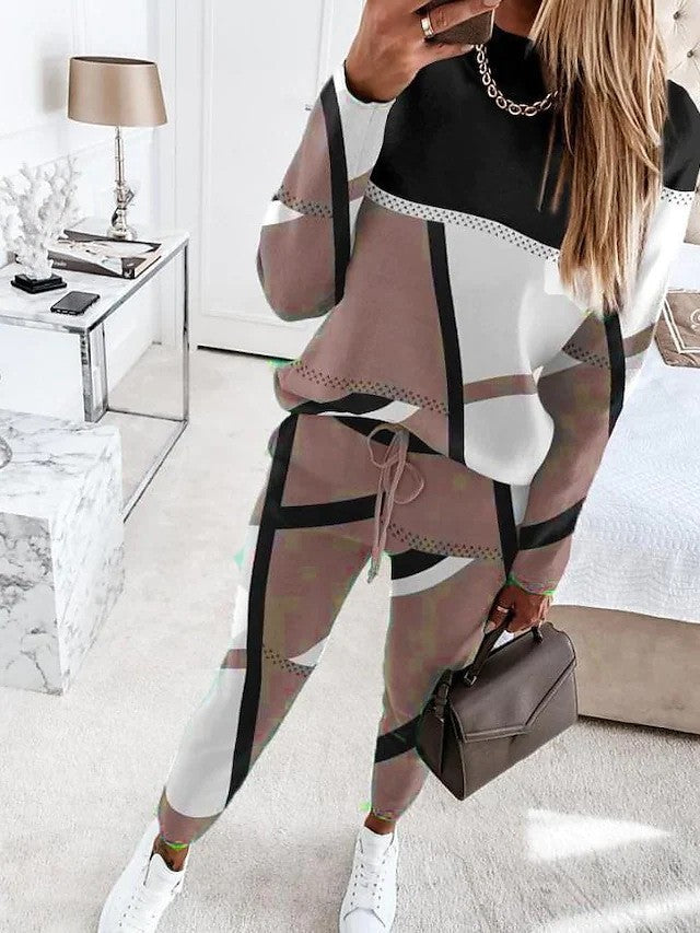 Damen Gemustertes Lounge-Set aus Feinstrick mit Kordelzug, Raglanärmeln und tapered Hose Nord Taschen