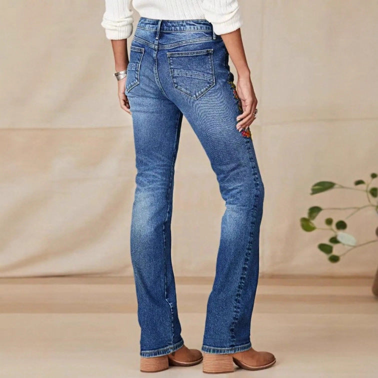 Damen bestickte Bootcut-Jeans mit hoher Taille und leichtem Stretch Nord Taschen