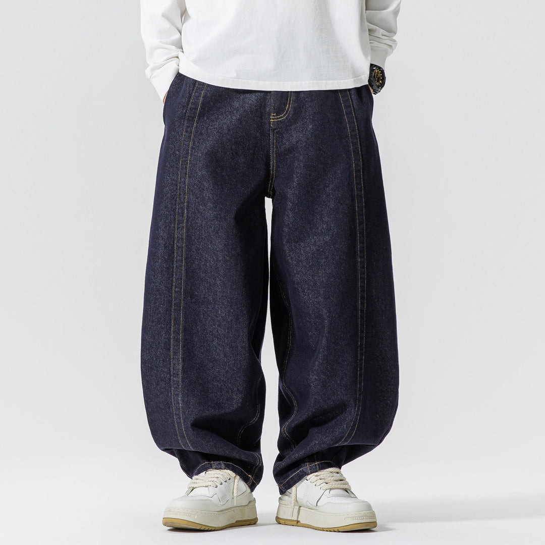 Herren Baggy-Denim-Hose mit extra weitem Bein, tiefem Schritt und sichtbaren Kontrastnähten Nord Taschen