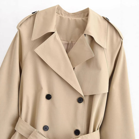 Damen Kurz-Trenchjacke mit weitem Schnitt, doppelreihiger Knopfleiste und Taillengürtel Nord Taschen
