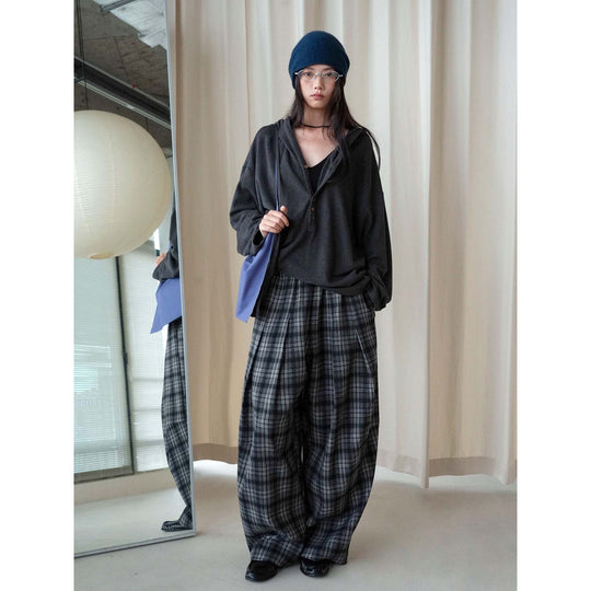 Damen Weite karierte Palazzo-Hose mit Bundfalten und elastischem Bund Nord Taschen