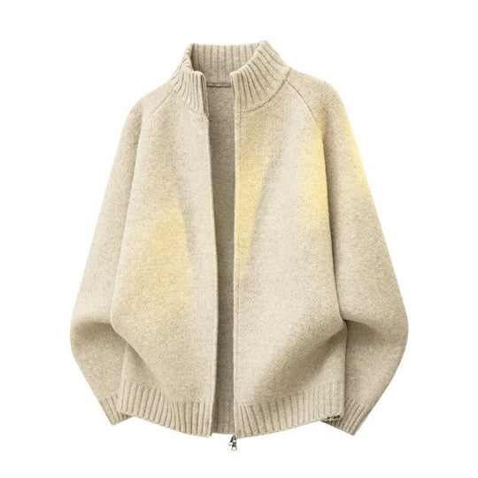 Damen Oversize Teddy-Strick-Cardigan mit Stehkragen, Rippsäumen & Zwei-Wege-Reißverschluss Nord Taschen