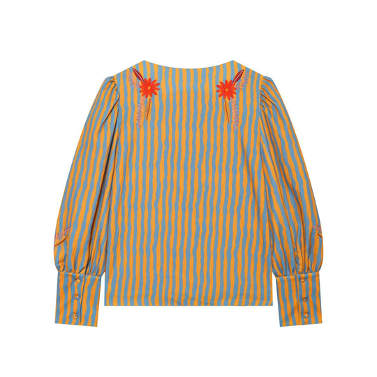 Damen Gestreifte Blusenjacke mit Blumenstickerei und Ballonärmeln Nord Taschen