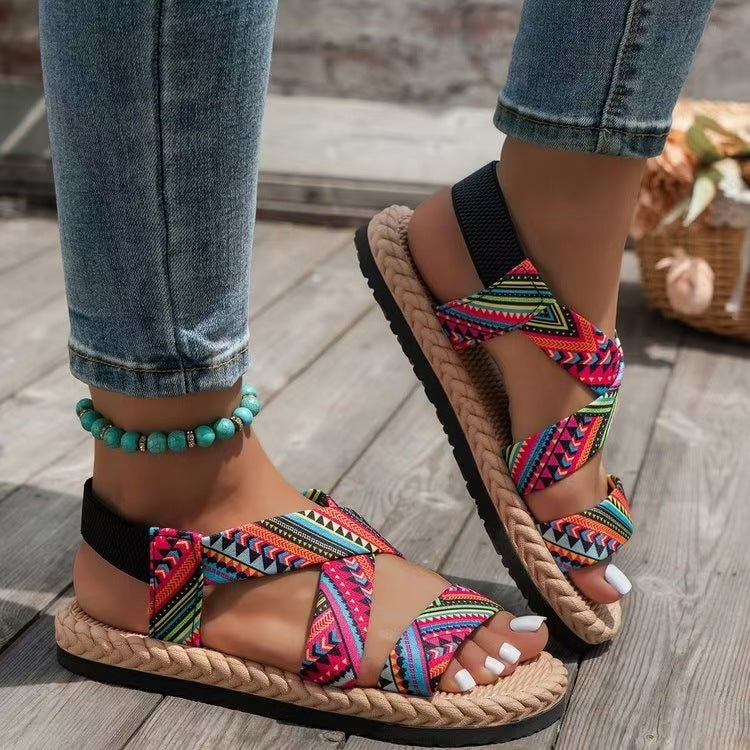 Damen Komfortable Riemensandalen mit elastischen Kreuzriemen und rutschfester Sohle