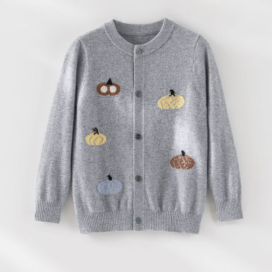 Damen Strickjacke mit Intarsia-Kürbismotiven, Rundhalsausschnitt und Knopfleiste Nord Taschen