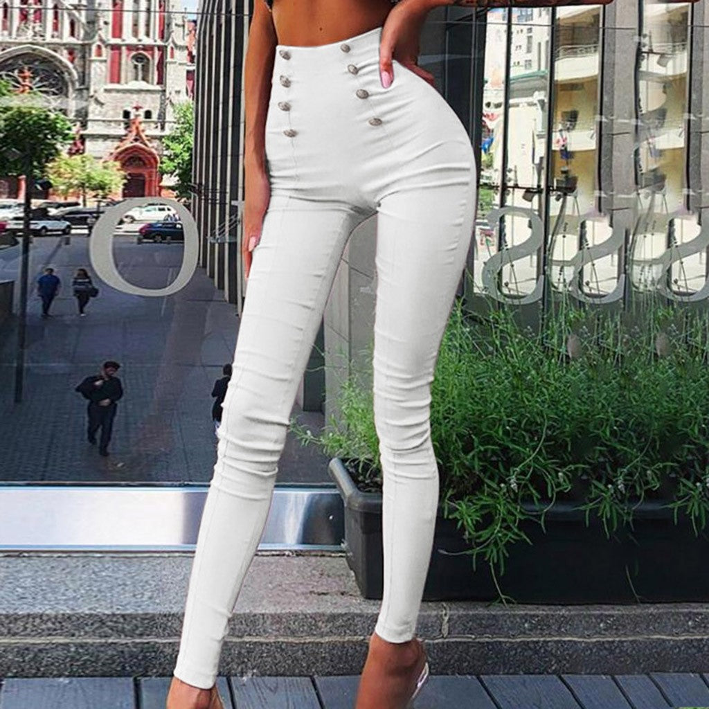 Damen figurschmeichelnde High-Waist Stretch-Skinnyhose mit dekorativen Zierknöpfen Nord Taschen