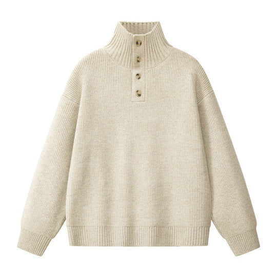 Damen Oversize Grobstrick-Pullover mit Knopfleiste am Stehkragen und Raglanärmeln Nord Taschen