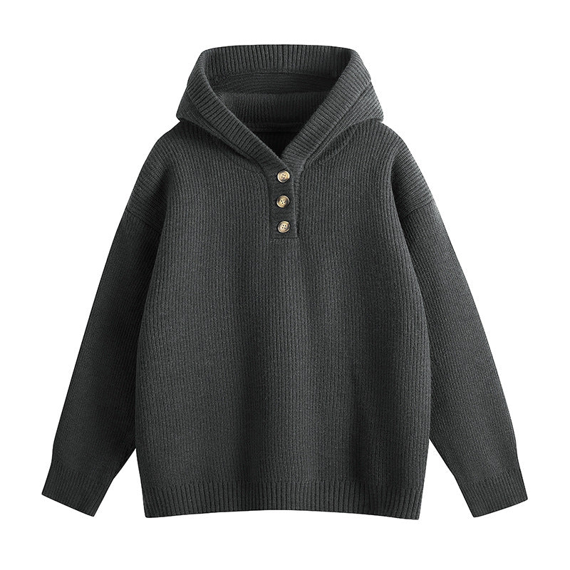 Damen Relaxed Kapuzenpullover aus geripptem Strick mit Halbsteg-Knopfleiste Nord Taschen