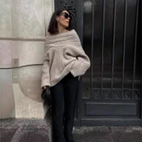 Damen Oversized Grobstrick-Pullover mit Kapuze, tiefem Schulterfall und strukturierter Rippoptik Nord Taschen