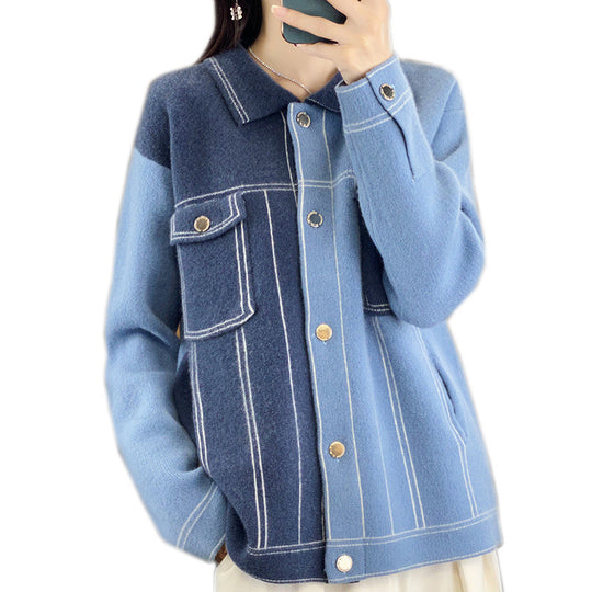 Damen Oversize-Strickjacke im Jeansjacken‑Look mit kontrastierenden Nahtdetails und Brusttasche Nord Taschen