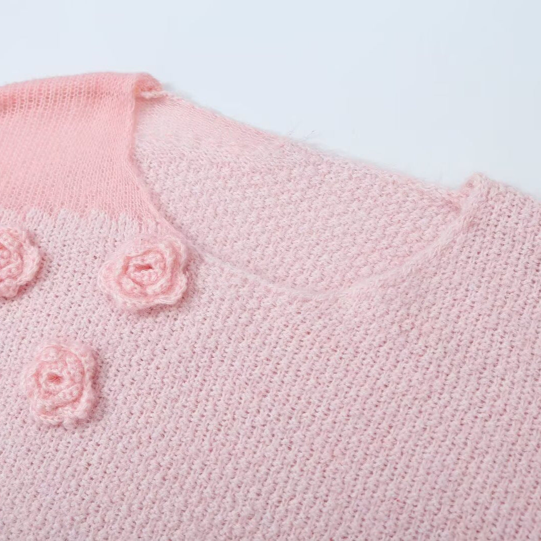 Damen Strickset aus Kuschelpullover mit 3D-Blütenapplikation und A-Linien-Rock Nord Taschen