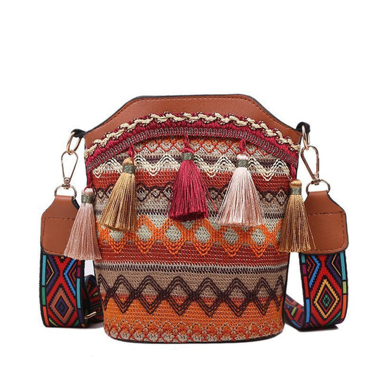 Damen modische Umhängetasche mit bunten Stickereien und Quasten Nord Taschen