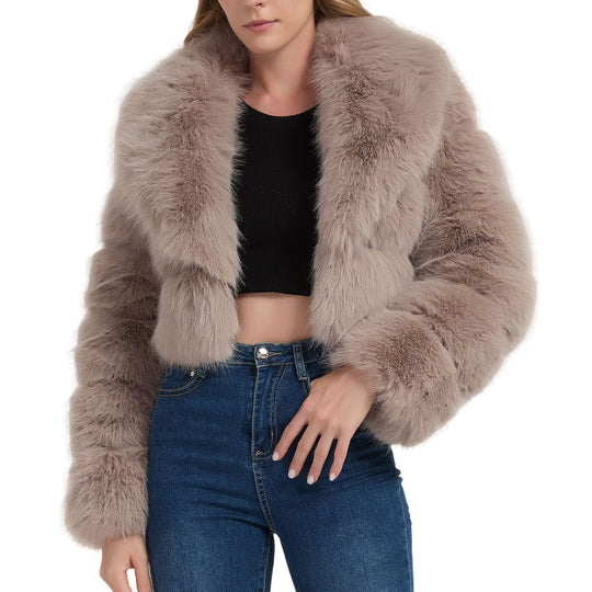 Damen Kurz geschnittene Kunstpelz‑Bolerojacke mit voluminösem Schalkragen Nord Taschen