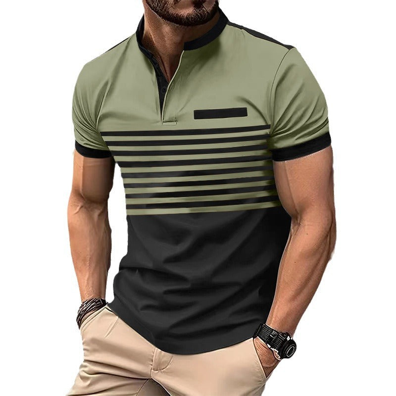 Herren nan kurzärmeliges Streifen-Kurzarmshirt mit Knopfleiste, Stehkragen und Brustpaspel Nord Taschen
