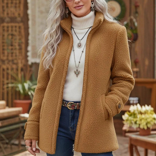 Damen Kuscheliger Teddy-Cardigan-Mantel mit Stehkragen, verdecktem Reißverschluss und Zierknopfmanschetten Nord Taschen
