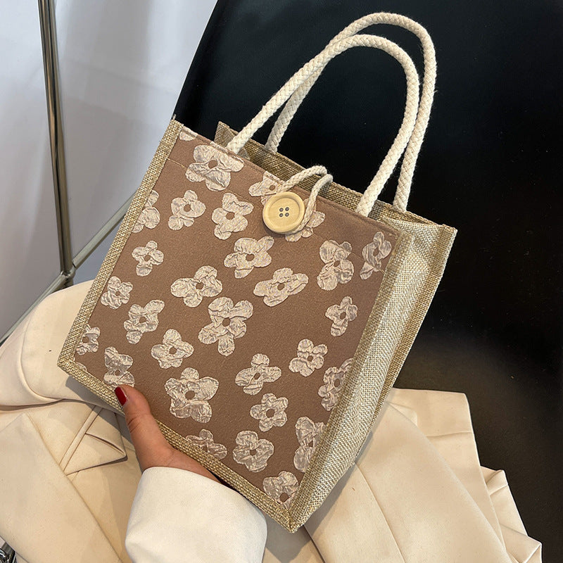 Damen Jute-Tragetasche mit floralem Muster und stabilem Knopfverschluss Nord Taschen
