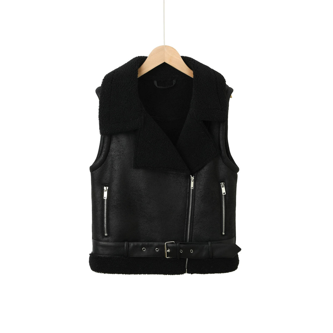 Damen Ärmellose Biker‑Weste aus Lammfelloptik mit Taillengürtel Nord Taschen