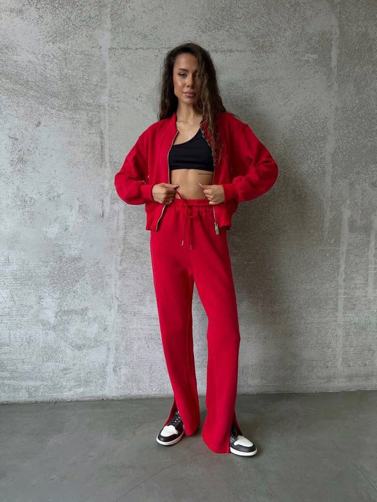 Damen weiches Velours-Zweiteiler mit kurzem Reißverschluss-Bomber und High-Waist-Hose mit Bein-Schlitz Nord Taschen