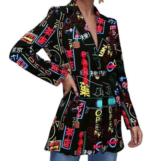 Damen Bedruckter Longblazer mit grafischem Street‑Art‑Muster und tailliertem Schnitt Nord Taschen