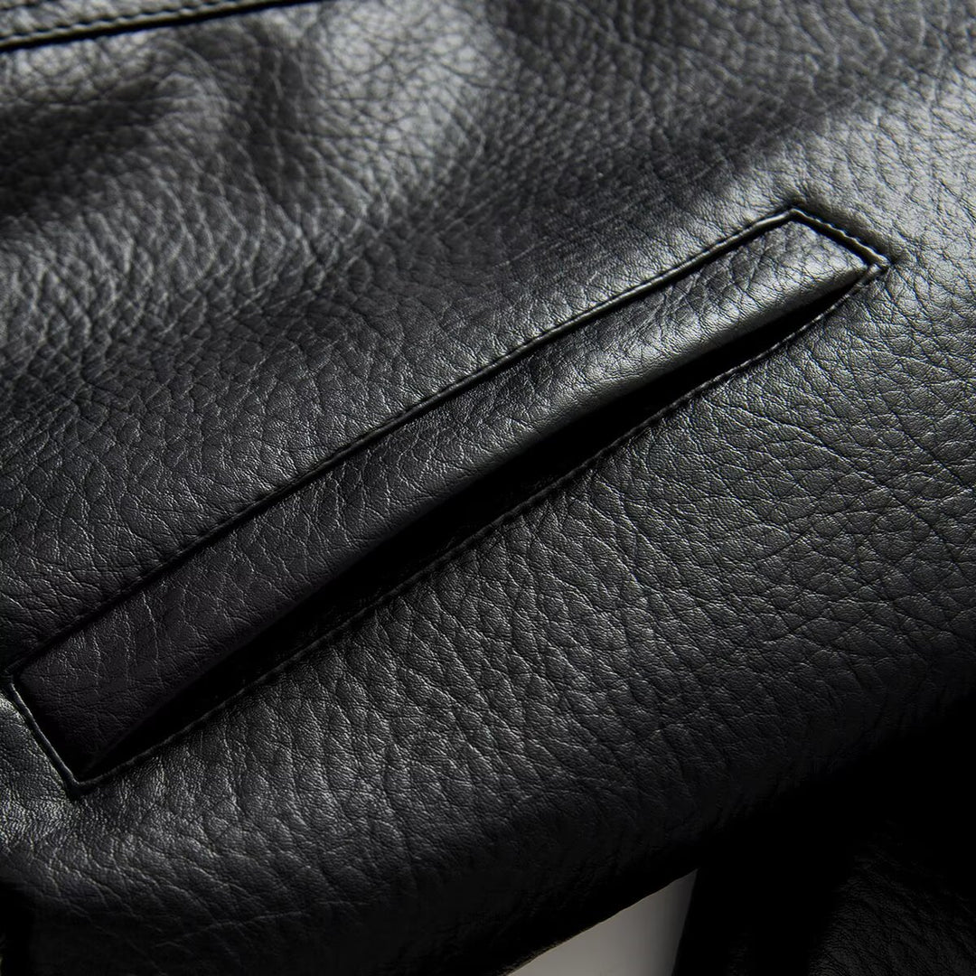 Damen Oversized Double-Breasted Kunstleder-Mantel mit Tunnelzug und Stehkragen Nord Taschen