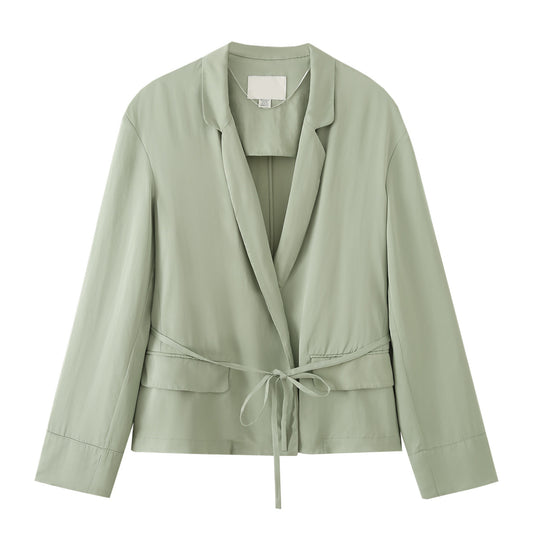 Damen Leichter Cropped Blazer mit Bindegürtel und Schalkragen Nord Taschen