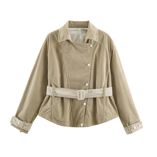 Damen Cordjacke aus Kord mit Taillengürtel und Druckknopfverschlüssen Nord Taschen