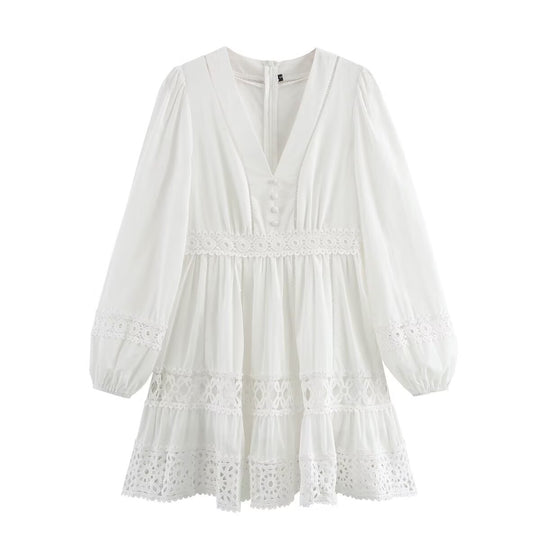 Damen Kurzes Boho-Kleid mit V‑Ausschnitt, Volantstufen und Häkelspitzen Nord Taschen