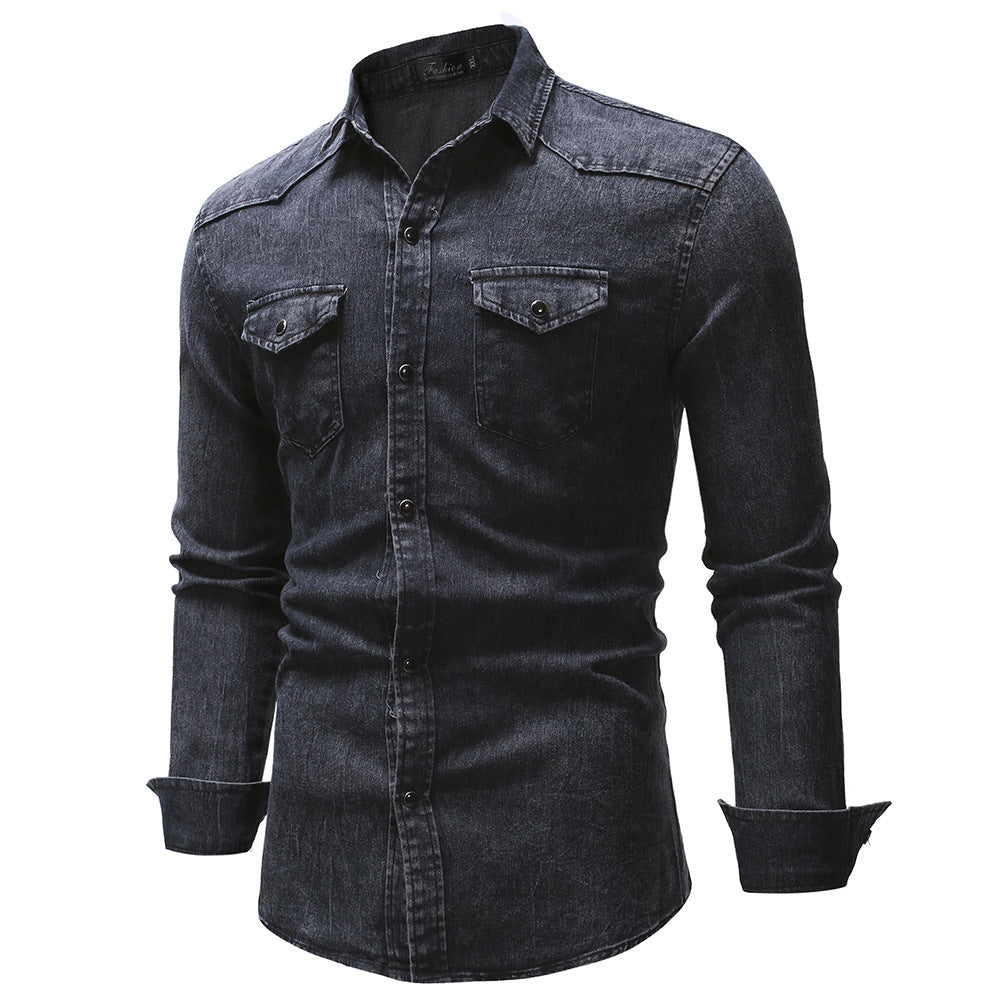 Herren oversized Denim-Hemdenjacke mit geschwungenem Saum und aufgesetzten Pattentaschen Nord Taschen
