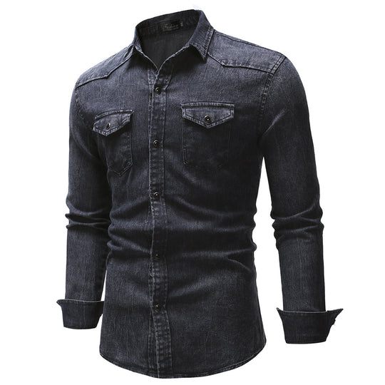 Herren oversized Denim-Hemdenjacke mit geschwungenem Saum und aufgesetzten Pattentaschen Nord Taschen